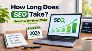 How long does SEO take: realistic 2026 timeline chart on a laptop showing growth from month 1 to month 12