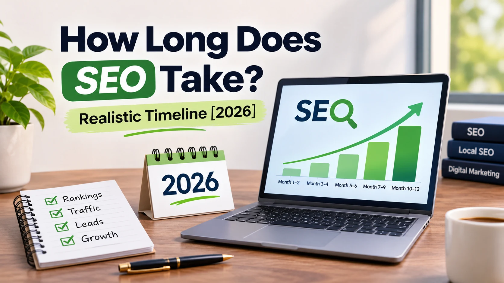 How long does SEO take: realistic 2026 timeline chart on a laptop showing growth from month 1 to month 12