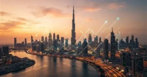 SEO for Dubai Businesses: Dubai skyline at sunset with a rising search growth chart