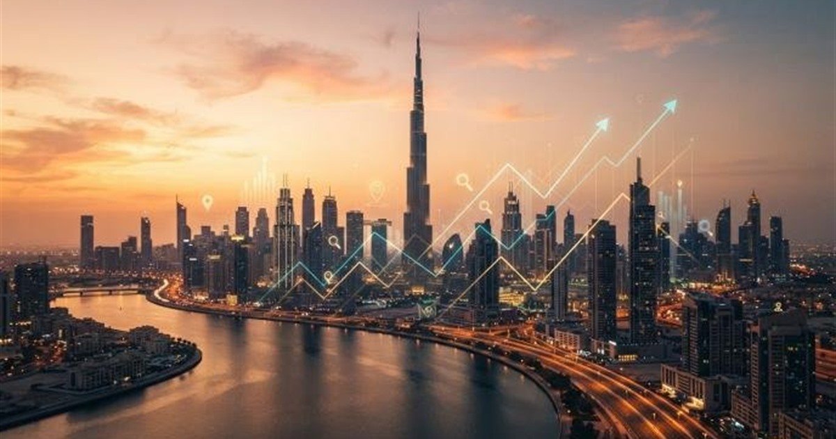 SEO for Dubai Businesses: Dubai skyline at sunset with a rising search growth chart