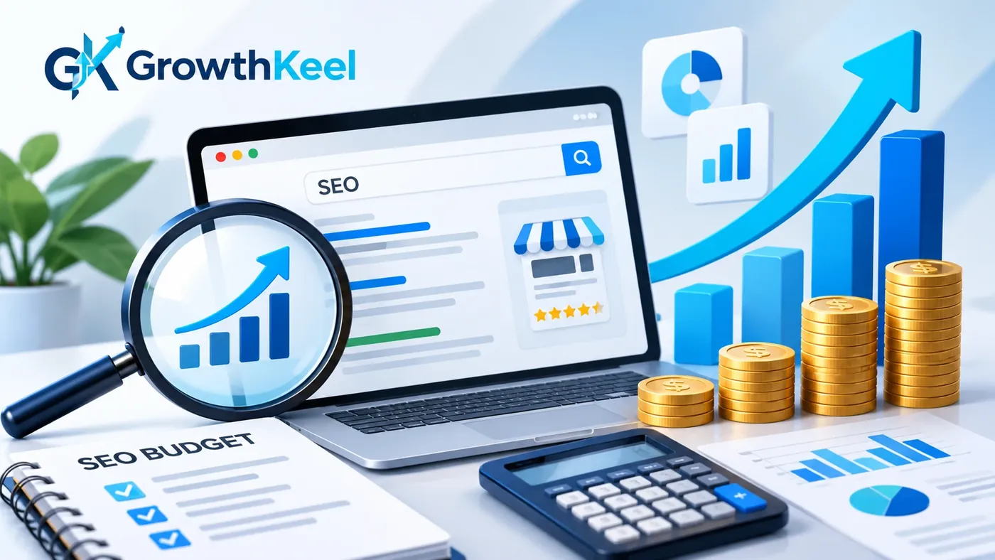 Small business SEO cost guide: laptop showing search results beside a magnifying glass, a rising budget chart, stacked coins and a calculator