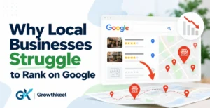 Why local businesses struggle to rank on Google: a local search result with map pins and a falling ranking chart