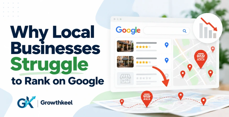 Why local businesses struggle to rank on Google: a local search result with map pins and a falling ranking chart