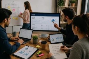 Marketing team reviewing an SEO strategy board and analytics dashboards